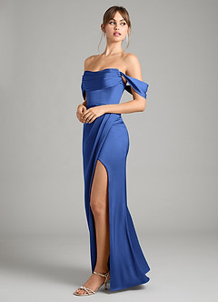 Azazie Johana Bridesmaid Dresses Royal Blue Mermaid Off the Shoulder Stretch Satin Convertible Dress image7