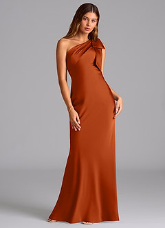 Azazie Yuanna Bridesmaid Dresses Burnt Orange Mermaid One Shoulder Stretch Satin Dress image3