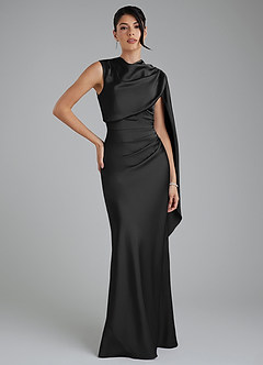 Azazie Taj Robes de demoiselle d'honneur Robe Sirène en Satin extensible Corset Noir image1