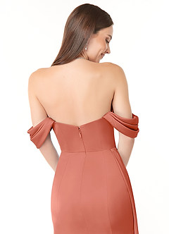 Azazie Amyra Jurken voor bruidsmeisjes Converteerbaar Jurk van Stretch Satijn met Zeemeermin Off the Shoulder Zalm Roze image3