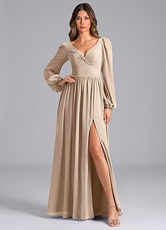 Azazie Teri Bridesmaid Dresses Taupe A-Line Long Sleeve Chiffon Dress image1