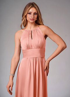 Azazie Bonnie Bridesmaid Dresses Coral A-Line Pleated Stretch Satin Dress image5
