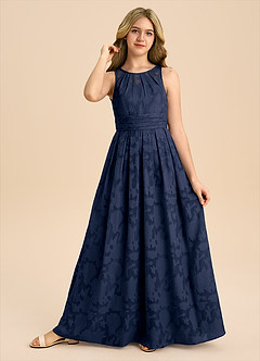 Azazie Bibiane Junior Dark Navy A-Line Pleated Floral Burnout Dress image6