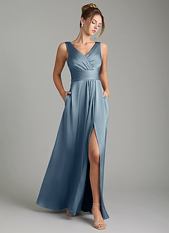 Azazie Karina Bridesmaid Dresses Dusty Blue A-Line Pleated Stretch Satin Dress image1