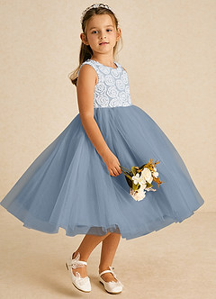 Azazie Missy vestidos de niña de las flores Vestido de Marfil Azul Polvoriento de Tul de Corte En A con Sin mangas image4