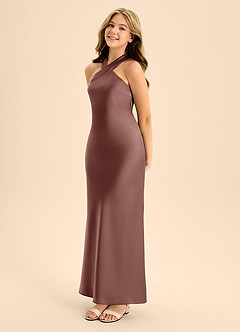 Azazie Doretta Junior Espresso A-Line Pleated Stretch Satin Dress image3