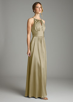 Azazie Bonnie Bridesmaid Dresses Moss Green A-Line Pleated Stretch Satin Dress image4