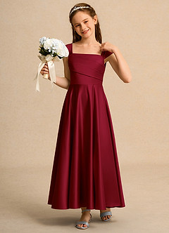 Azazie Bundle Girls Formal Flower Girl Dresses Burgundy A-Line Pleated Matte Satin Dress image4