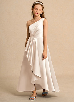 Azazie Taffy Girls Formal Abiti da Ragazza di Fiori Abito A-Line in Raso Opaco Pizzo Alabastro Bianco image1