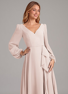 Azazie Simone Vestidos de damas de honor Vestido de Pétalo De Rosa de Gasa de Corte en A con Manga larga image7