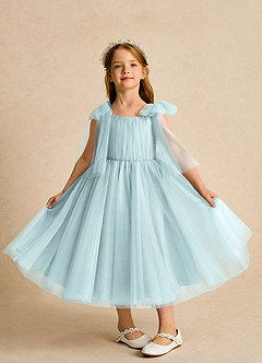 Azazie Dori Robe Demoiselle D'honneur Fillette Robe Trapèze en Tulle Rayé Brume image6