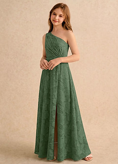 Azazie Pudles Girls Formal Robe Demoiselle D'honneur Fillette Robe Trapèze en Blumen-Burnout Asymétrique Eucalyptus image5