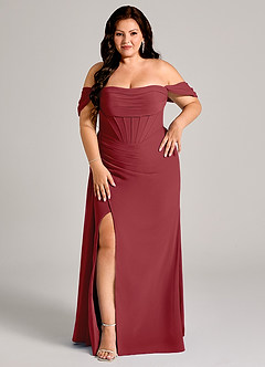 Azazie Amyra Bridesmaid Dresses Pomegranate Sheath Off the Shoulder Chiffon Convertible Dress image13
