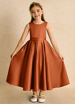 Azazie Junebuj vestidos de niña de las flores Vestido de Naranja Quemada de Satin Mate de Princesa con Plisado image4