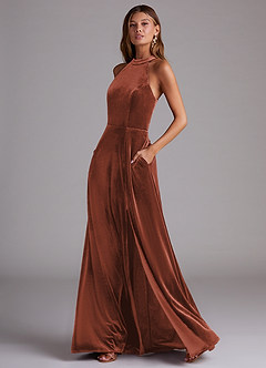 Azazie Larice Bridesmaid Dresses Terracotta A-Line with Pockets Velvet Dress image3