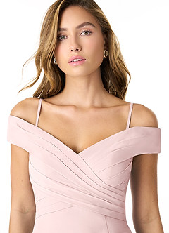 Azazie Lecia Bridesmaid Dresses Blushing Pink Empire Off-The-Shoulder Pleated Chiffon Convertible Dress image2