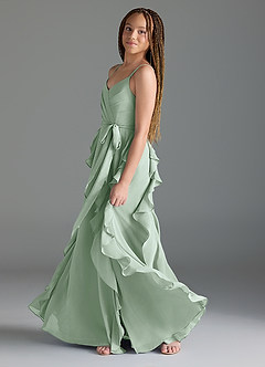 Azazie Peyton Junior Agave A-Line V-Neck Cascading Ruffles Chiffon Dress image4