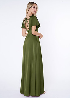 Azazie Lani Bridesmaid Dresses Olive A-Line Flounce Sleeve Stretch Satin Dress image5