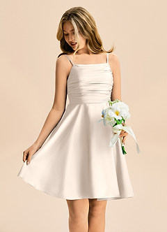 Azazie Miko Junior White Alabaster A-Line Pleated Stretch Satin Dress image4