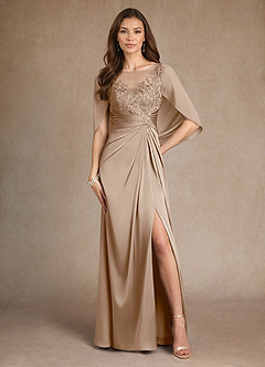 Azazie Hera Mother of the Bride Dresses Taupe A-Line Lace Stretch Satin Dress image1