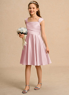Azazie Budle Girls Formal Flower Girl Dresses Powder Pink A-Line Pleated Matte Satin Dress image5