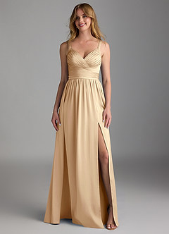 Azazie Chanel Bridesmaid Dresses Champagne A-Line Pleated Stretch Satin Dress image5