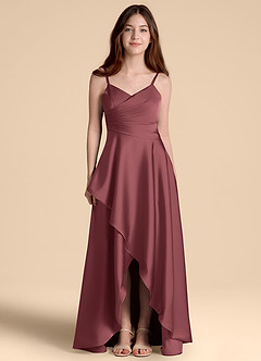 Azazie Prisha Junior Abito A-Line in Raso Elasticizzato Plissettato Merlot image5