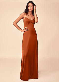 Azazie Mei Bridesmaid Dresses Burnt Orange A-Line V-Neck Stretch Satin Dress image9