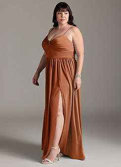 Azazie Zeya Bridesmaid Dresses Copper A-Line Pleated Stretch Satin Dress image13