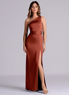 Azazie Philana Bridesmaid Dresses Terracotta A-Line One Shoulder Stretch Satin Dress image8
