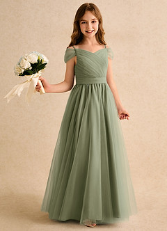Azazie Yuna Girls Formal Flower Girl Dresses Pistachio A-Line Off the Shoulder Tulle Dress image1