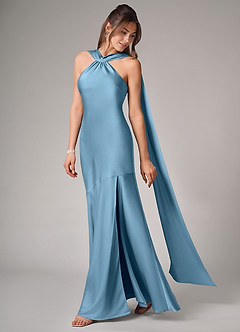 Azazie Kinsley Bridesmaid Dresses Steel Blue Mermaid Side Slit Stretch Satin Dress image4