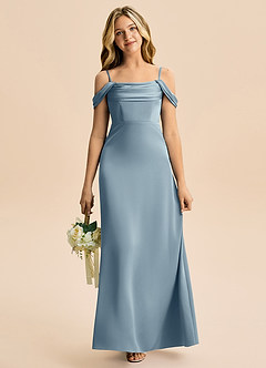 Azazie Lettie Junior A-Line Off-Shoulder Stræk satin Gulv-længde Junior brudepige Kjole image2