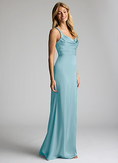 Azazie Elida Bridesmaid Dresses Moody Blue Sheath Pleated Stretch Satin Dress image3