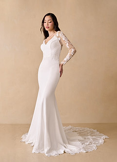 Azazie Mistie Wedding Dresses Diamond White Sand Mermaid V-Neck Sequins Stretch Crepe Dress image2