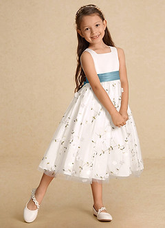 Azazie Pollie Flower Girl Dresses Ivory Moody Blue A-Line Bow Tulle Dress image9