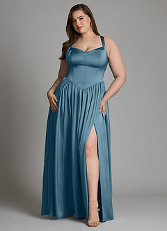 Azazie Francis Brautjungfernkleider A-Linie Korsett Stretch-Satin Kleid Bermudablau image9