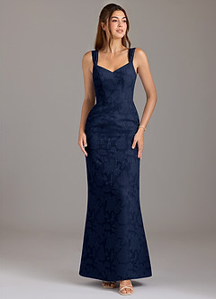 Azazie Denice Bridesmaid Dresses Dark Navy A-Line Pleated Floral Burnout Dress image1