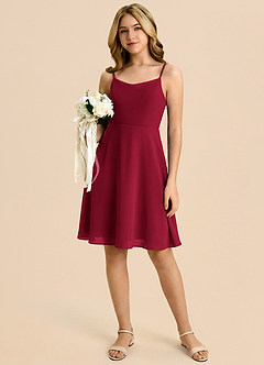 Azazie Shale Vestido de Borgoña de Gasa de Corte en A con Lazo image5