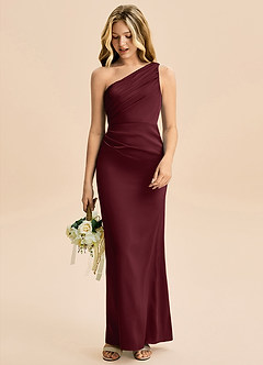 Azazie Akilah Junior Cabernet Sheath Pleated Stretch Satin Dress image3