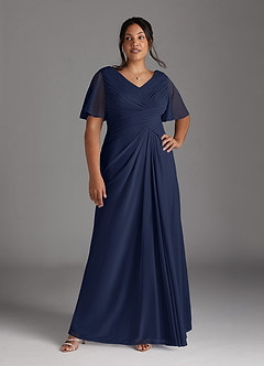 Azazie Emmeline Mother of the Bride Dresses Dark Navy A-Line V-Neck Pleated Mesh Dress image9