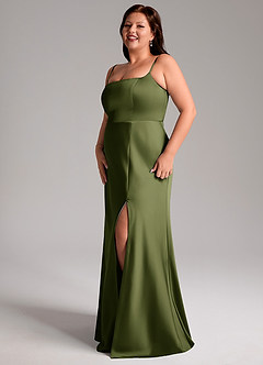Azazie Lidia Bridesmaid Dresses Olive Mermaid Side Slit Stretch Satin Dress image4