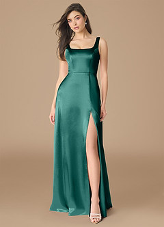 Azazie Joyce Bridesmaid Dresses Pine A-Line Side Slit Metallic Satin Dress image1