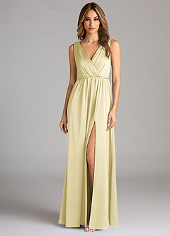 Azazie Tanicia Bridesmaid Dresses Lemon Sorbet A-Line Pleated Stretch Satin Dress image3