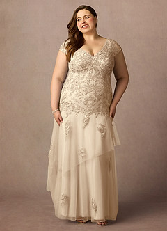 Azazie Romy Mother of the Bride Dresses Champagne Mermaid V-Neck Sequins Tulle Dress image7