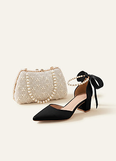 front Matching Color Matte Satin Pearl and Bow Pointed Toe Block Heels & Beaded Clutch Set