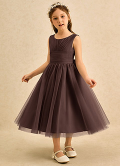 Azazie Macaron Robe Demoiselle D'honneur Fillette Robe Trapèze en Tulle Plissée Ganache image4