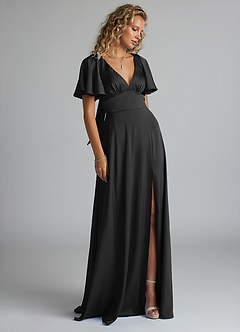 Azazie Kimber Bridesmaid Dresses Black A-Line Ruched Stretch Satin Dress image4