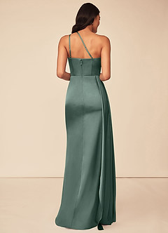 Azazie Maron Bridesmaid Dresses Sea Moss A-Line One Shoulder Stretch Satin Dress image2