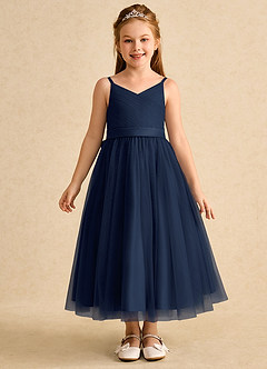 Azazie Patootie Flower Girl Dresses Dark Navy A-Line Spaghetti Strap Tulle Dress image1